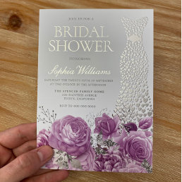 Wedding Dress Purple Lavender Floral Bridal Shower Foil Invitation