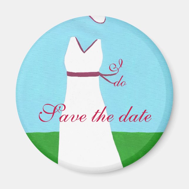 Wedding dress, red ribbon, Save the date magnet (Front)
