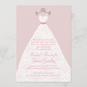 Wedding dress, roses, pink polka dots invitation