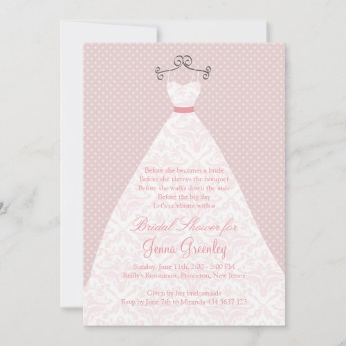 Wedding dress, roses, pink polka dots personalized invitations