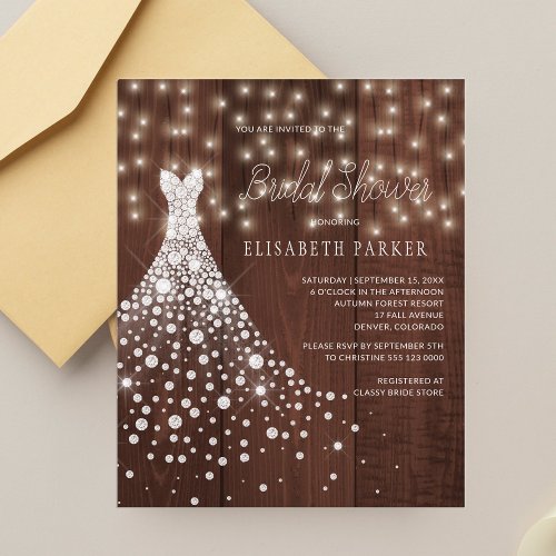 Wedding dress rustic wood bridal shower invitation