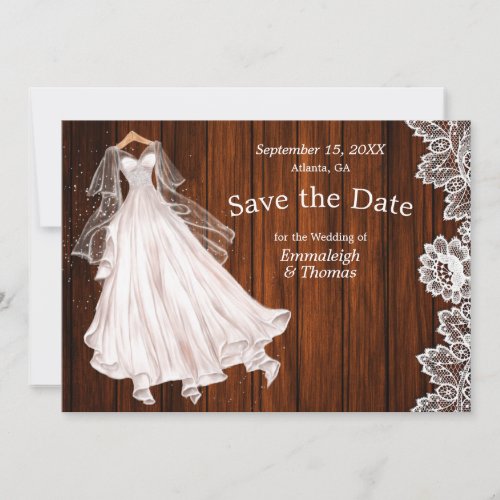 Wedding Dress Save the Date Rustic Wood Lace