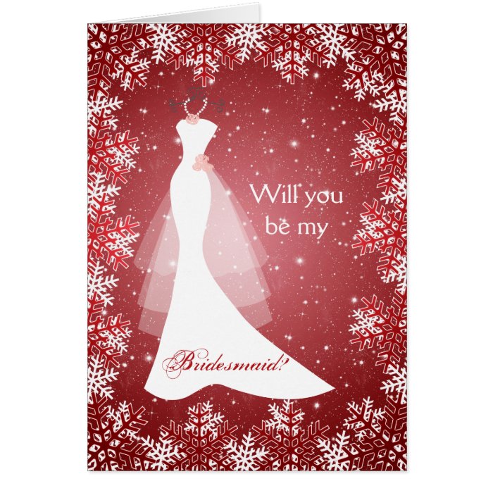 Wedding dress, snowflakes on red Bridesmaid Cards