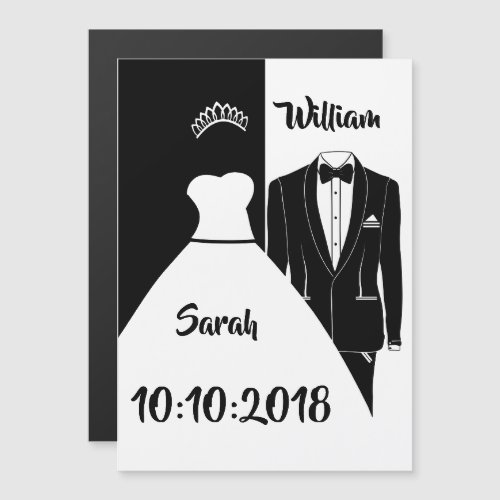 Wedding dress tuxedo black and white magnetic invitation