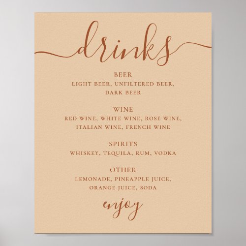 Wedding Drink Menu | Bar Sign in Warm Peach Sand