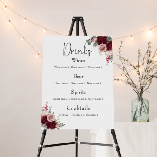 Wedding Drinks Bar Burgundy Blush Floral  Foam Board