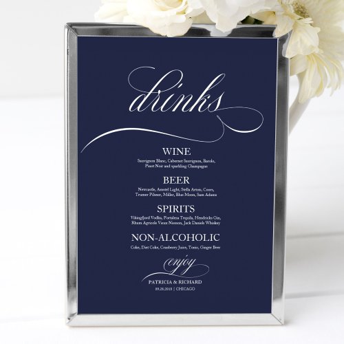 Wedding Drinks Bar Menu Sign Chic Navy Blue