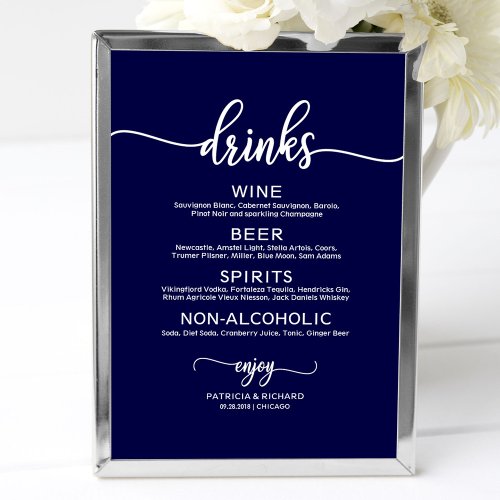 Wedding Drinks Bar Menu White Calligraphy Poster