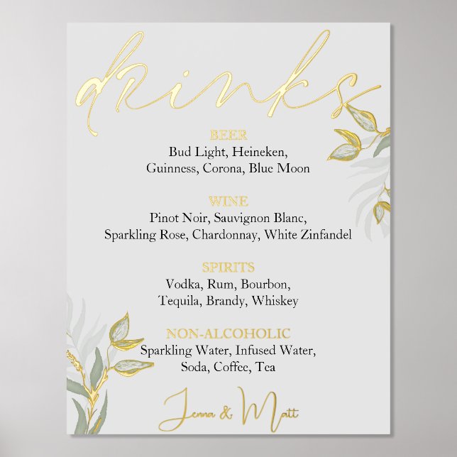 Wedding Drinks  Bar Sign Watercolor Leaves (Front)