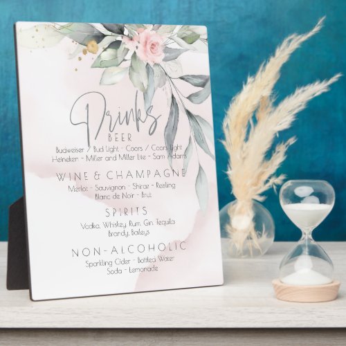 Wedding  Drinks Menu BOHO Foliage Pink Rose Plaque