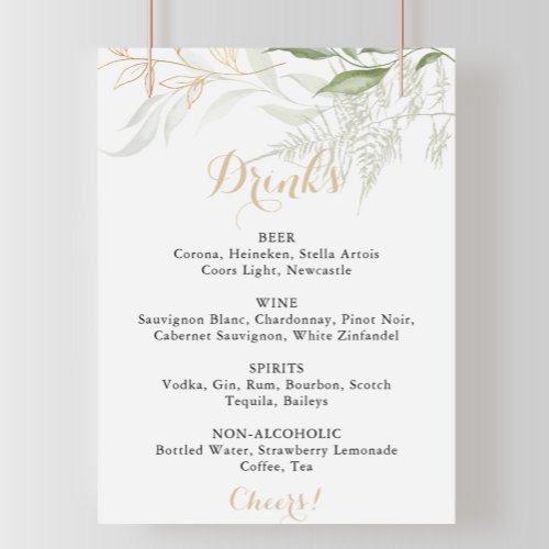 Wedding Drinks Menu Gold Green Foliage Sign