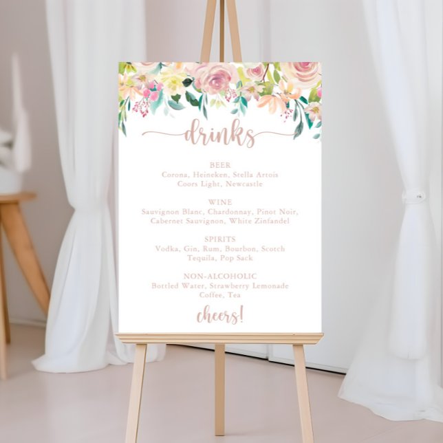 Wedding Drinks Menu Rose Gold Spring Floral Sign (Creator Uploaded)