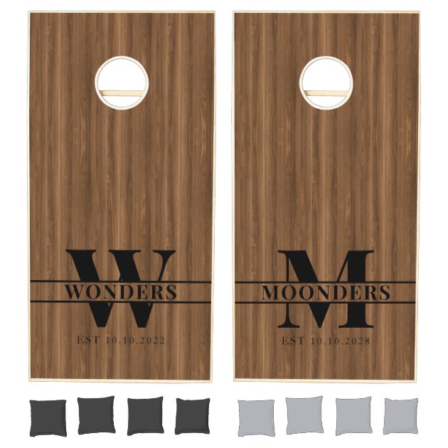 Wedding Dual Monogram Wood Grain Cornhole Set