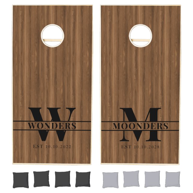 Wedding Dual Monogram Wood Grain Cornhole Set (Set)