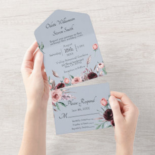 Wedding Dusty Blue and Pink Watercolor Floral  All In One Invitation