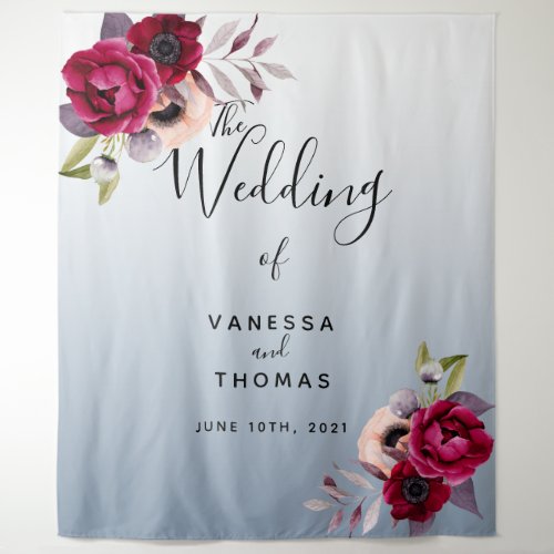 Wedding dusty blue burgundy florals photo backdrop