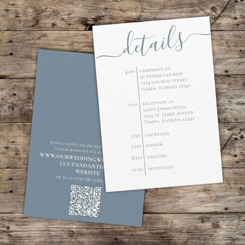 Wedding Dusty Blue Details QR Code Simple Timeline Enclosure Card