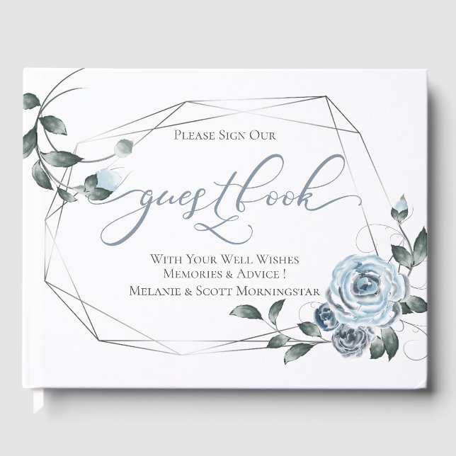 Wedding |   Dusty Blue Floral SIlver Frame Guest Book (Front)