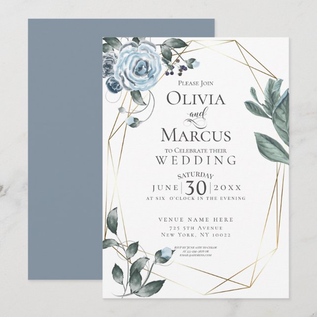 WEDDING |  Dusty Blue Floral Watercolor Invitation (Front/Back)
