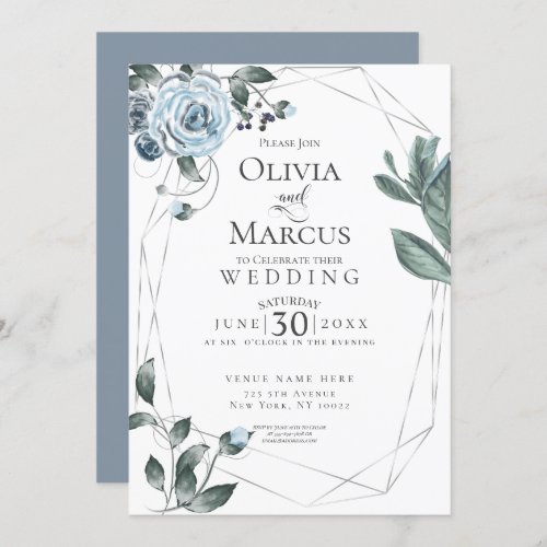 WEDDING   Dusty Blue Floral Watercolor Silver Invitation