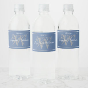 Wedding Dusty Blue Modern Monogram Names Chic Water Bottle Label