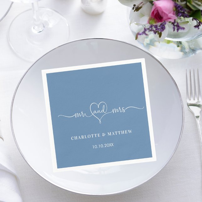 Wedding dusty blue mr mrs heart script simple napkins (Creator Uploaded)