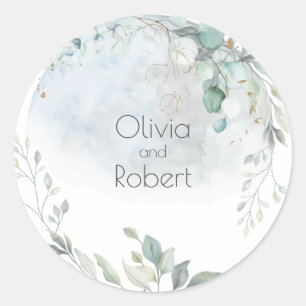 Wedding Dusty Blue Over the Moon in Love Classic Round Sticker