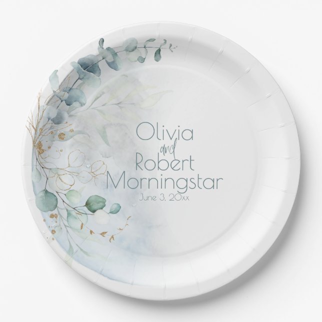 Wedding | Dusty Blue Over the Moon in Love Paper Plates (Front)