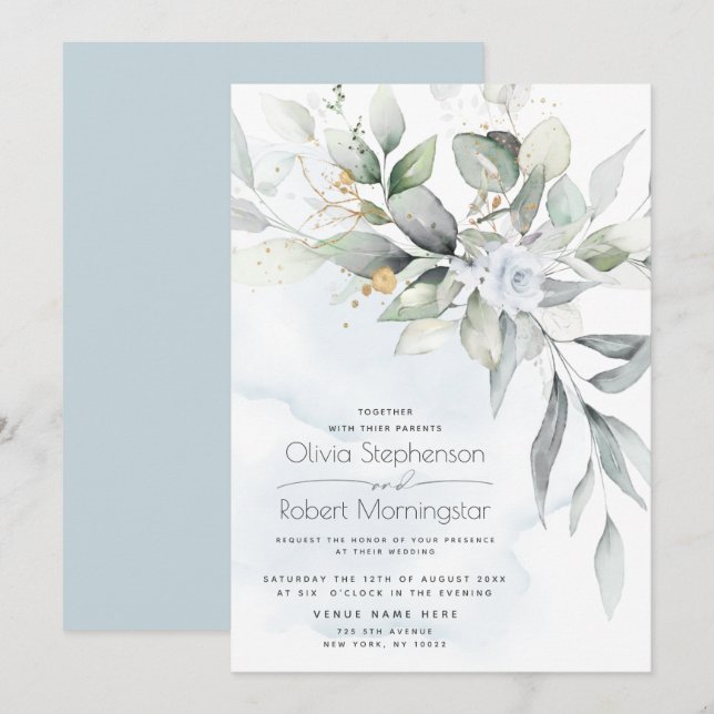 Wedding | Dusty Blue Rose Woodland Greenery Boho Invitation (Front/Back)