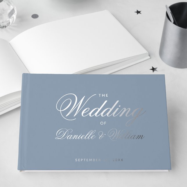 Wedding Dusty Blue Simple Calligraphy Script Foil Guest Book (Creator Uploaded)