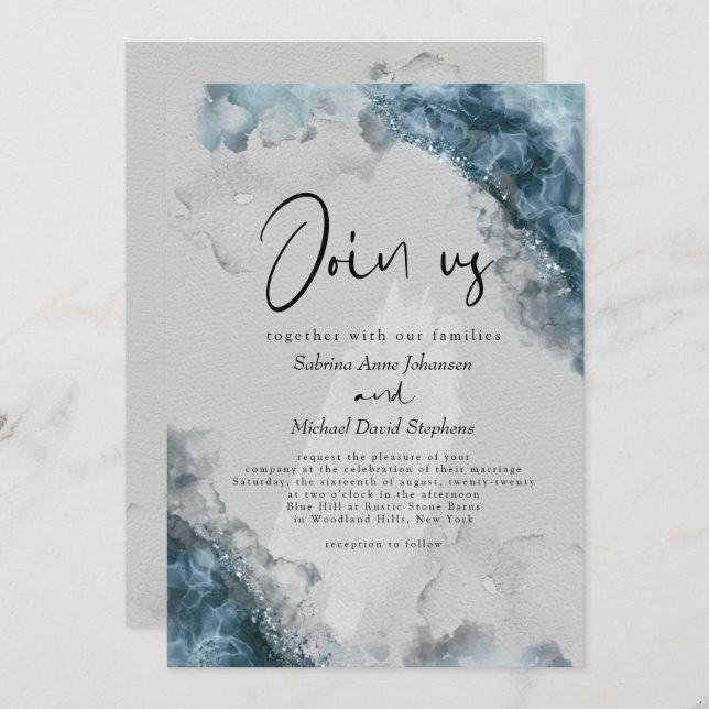 WEDDING | Dusty Blue Stone Gray Alcohol Ink Invitation (Front/Back)