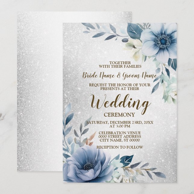 Wedding Dusty Blue Watercolor Flowers Silver Invitation (Front/Back)