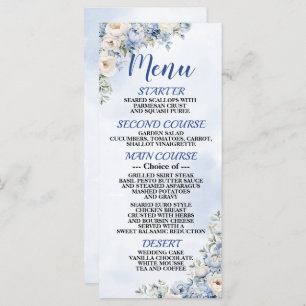 Wedding Dusty Blue Watercolor Ivory Flowers Dinner Menu