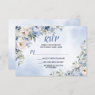 Wedding Dusty Blue Watercolor Ivory Flowers Leaves RSVP Card