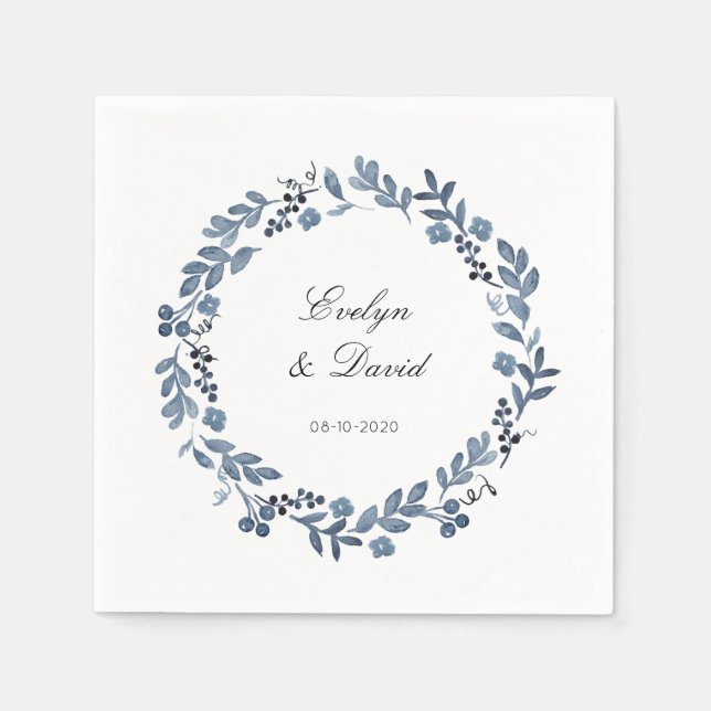 Wedding Dusty Blue Watercolor Name and Date Napkin (Front)