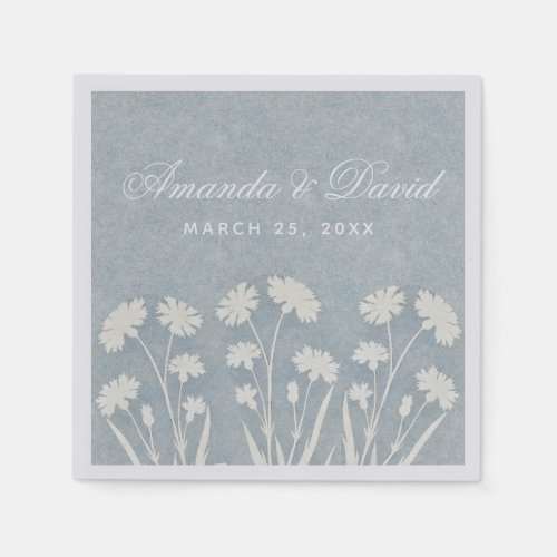 Wedding Dusty Blue White Cornflower Calligraphy Napkins