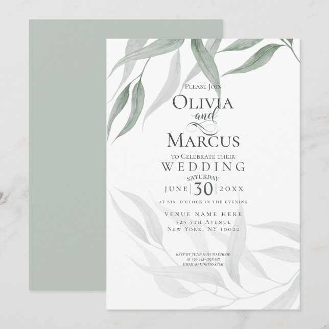 Wedding | Dusty Green Watercolor Woodland Foliage Invitation (Front/Back)