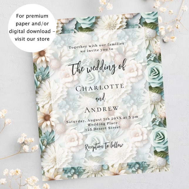 Wedding dusty green white floral budget invitation (Creator Uploaded)
