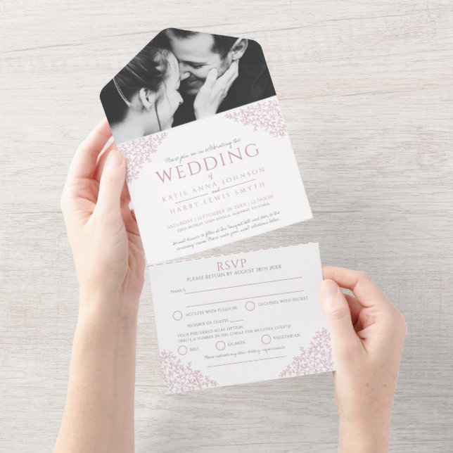 Wedding dusty pink white leaf photo main meal RSVP All In One Invitation (Tearaway)