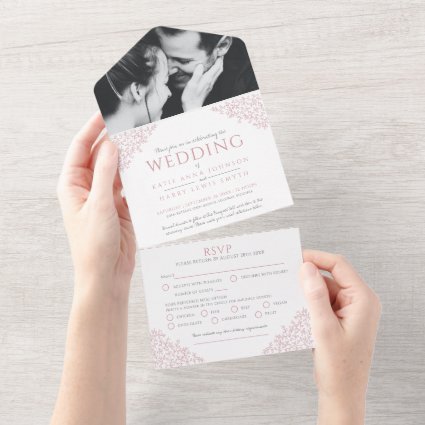 Wedding dusty pink white leaves photo meal RSVP All In One Invitation