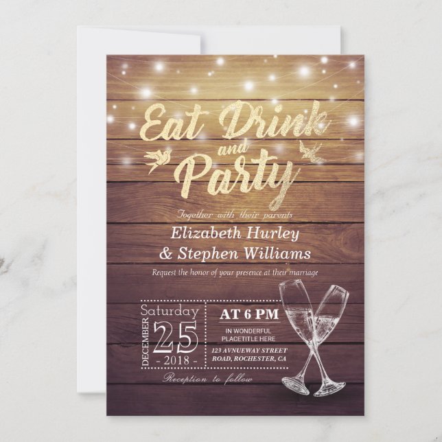 Wedding EAT Drink Party Champagne Glass Wood Light Invitation (Front)
