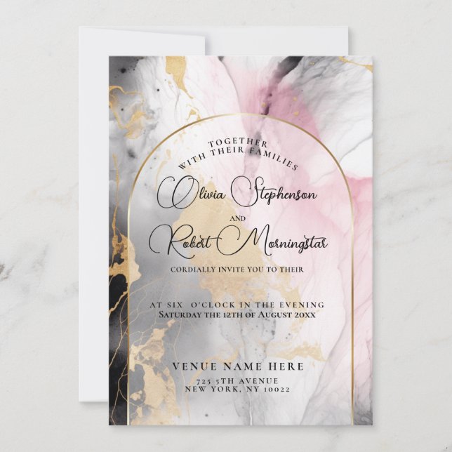 WEDDING  | Ebony Rose and Gold Abstract Marble Invitation (Front)