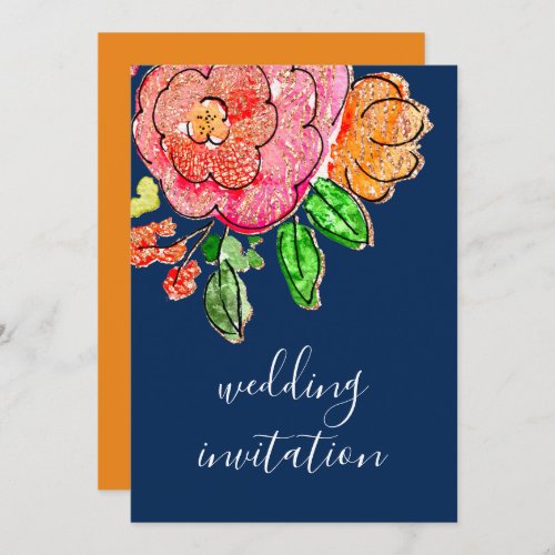 Wedding Effect Floral Watercolor Orange Navy Rose  Invitation