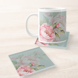 Wedding & Eid | Pink Peony & Sage Green Glass Coaster