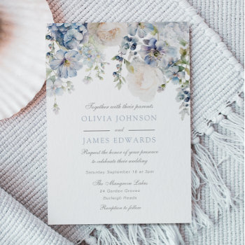Wedding Elegance Dusty Blue & White Floral Wedding Invitation by Nicheandnest at Zazzle