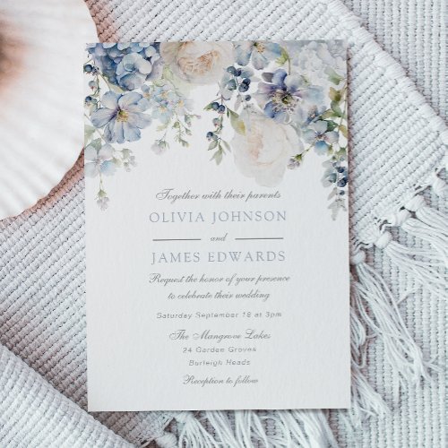 Wedding Elegance Dusty Blue  White Floral Wedding Invitation