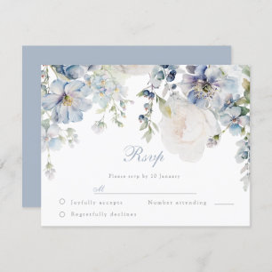 Wedding Elegance Dusty Blue & White Floral Wedding RSVP Card
