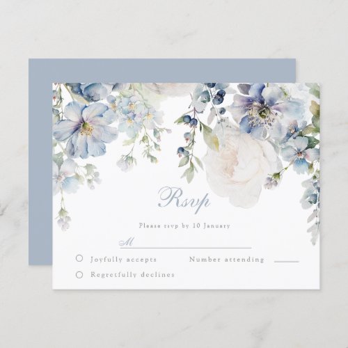 Wedding Elegance Dusty Blue  White Floral Wedding RSVP Card