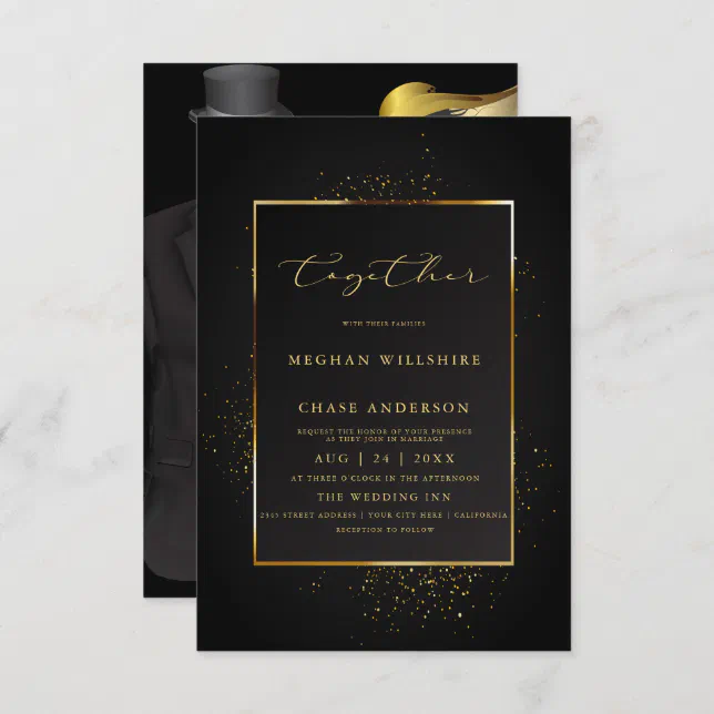 WEDDING | Elegant Black and Gold Glitter Invitation | Zazzle