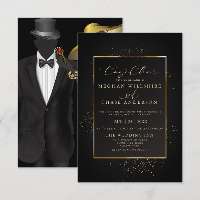 WEDDING | Elegant Black and Gold Glitter Invitation (Front/Back)